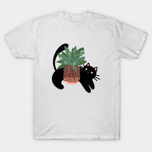 The Black Cat with its Plant | Cute Handmade Illustrations | By Atelier Serakara T-Shirt